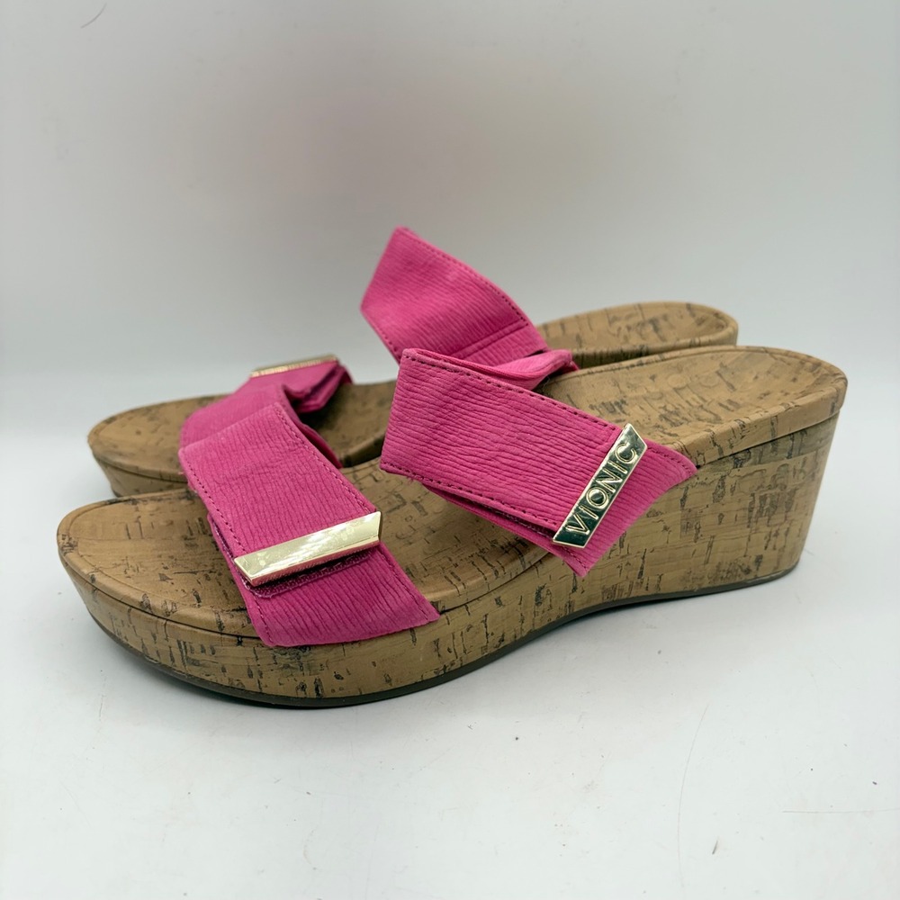 Vionic Pepper Ruched Pink Wedge Sandals‎ Gold Hardware Womens 8 11095251 - Picture 2 of 8